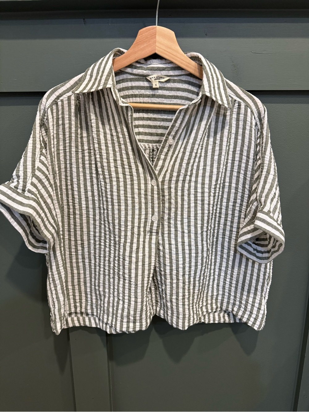 Max Studio Olive Green and White Striped Linen Button-Down Shirt